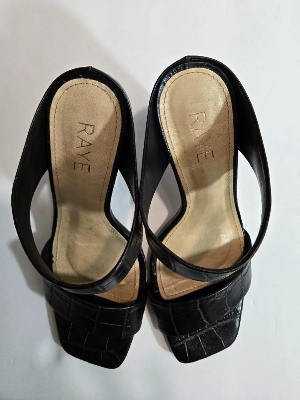 RAYE Black Gaze Croc-Embossed Double Strap Square Toe Slide Heels Size 8